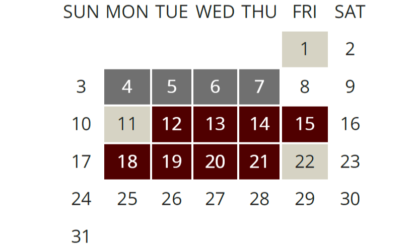 An image showing a May calendar indicating when the U.S. Congress is in session. Both chambers are in session on May 12-15 and 18-21. Only the Senate is in session on May 1, 11, and 22. Only the House is in session on May 4-7.